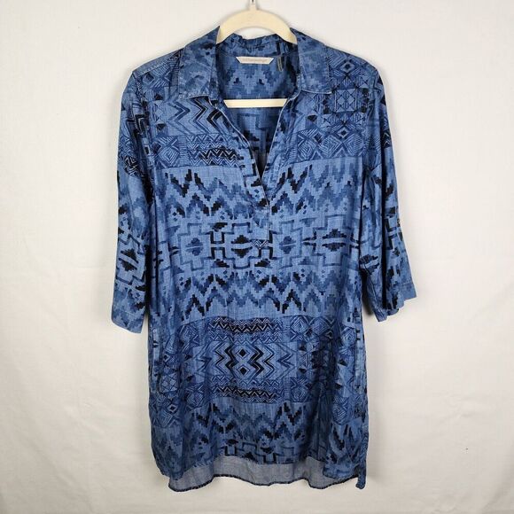 Soft Surroundings Blue Southwestern Print Collared Dress/Tunic Size Medium - Picture 1 of 6